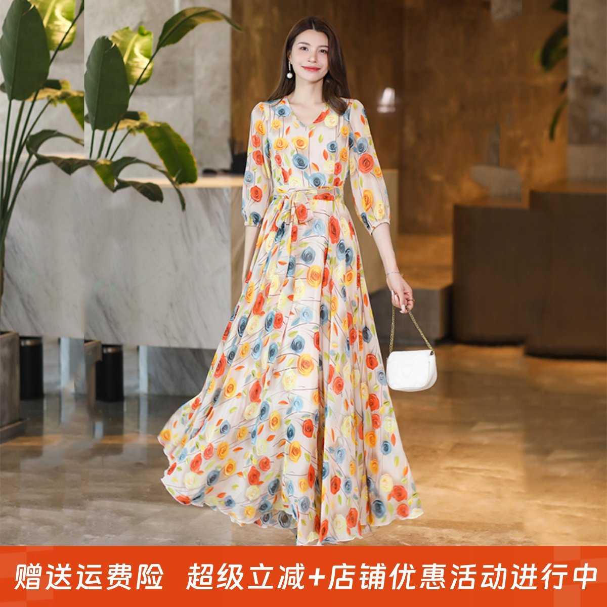 2025年新款春秋冬大摆连衣裙收腰显瘦旅游度假长裙雪纺裙沙滩裙子,女装/女士精品,连衣裙,淘宝优惠券,粉丝福利购,淘宝优惠卷