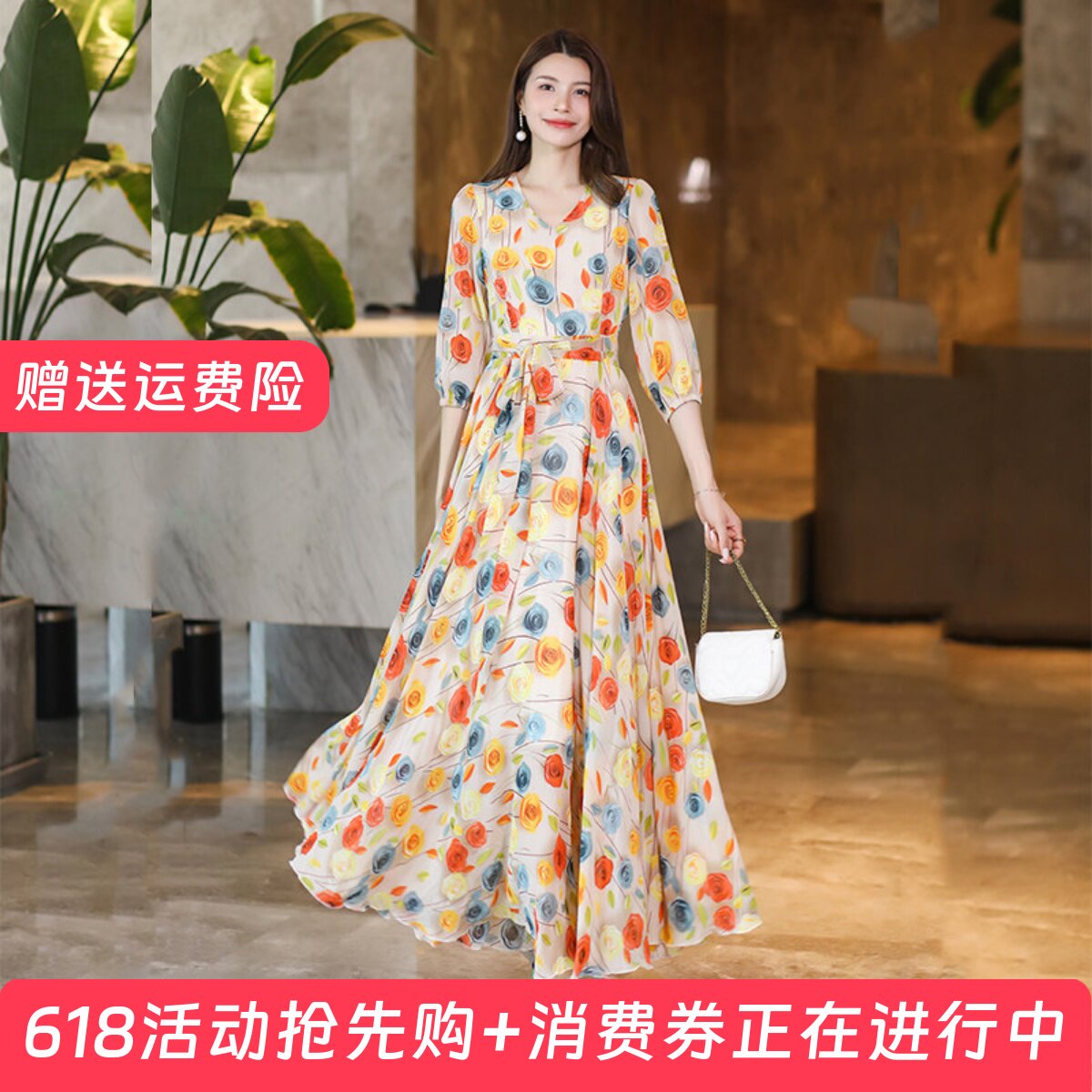 2026年新款春夏大摆连衣裙收腰显瘦旅游度假长裙雪纺裙沙滩裙子