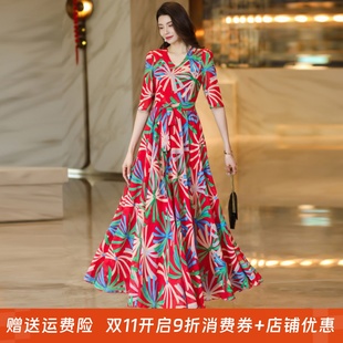 沙滩裙 小个子长裙妈妈款 2025春秋冬五分袖 印花连衣裙收腰显瘦短款