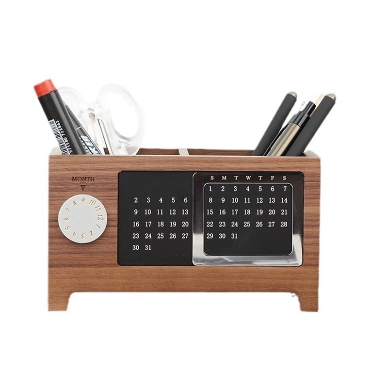 胡桃木实木笔筒轻奢高级感创意万年日历钟表办公室桌面收纳盒礼物