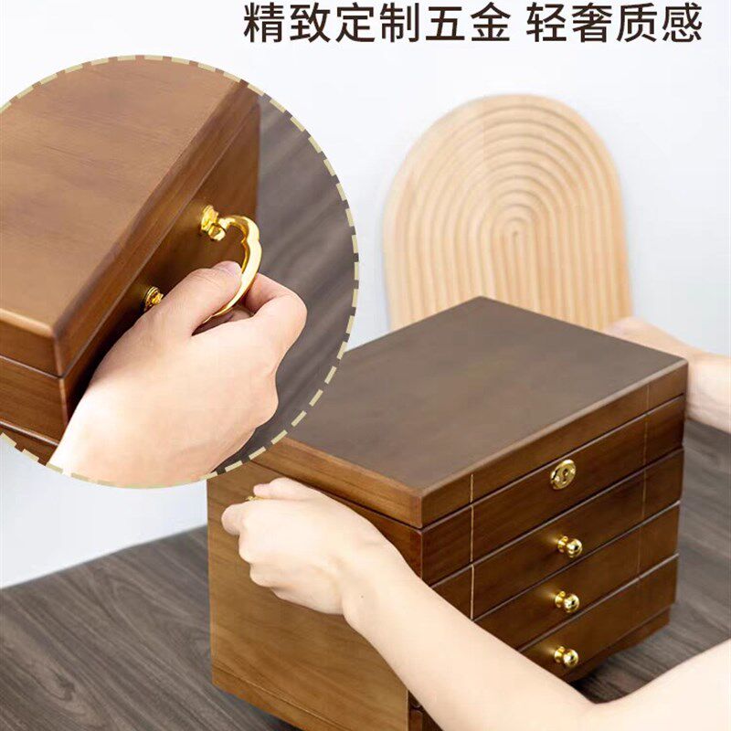 复古首饰盒e2023新款高档精致黄金实木木质带锁手饰品耳环收纳盒