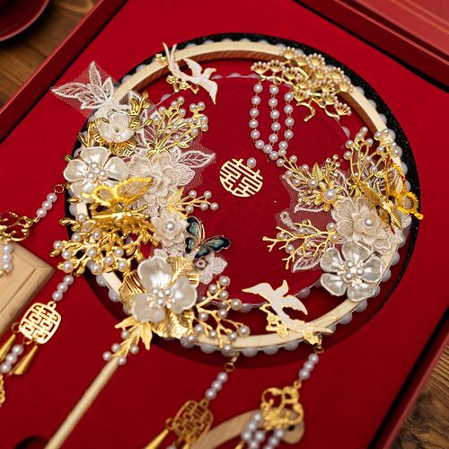 新娘团扇结婚秀禾服扇子红色双面成品diy材料包喜扇X高级婚礼婚扇