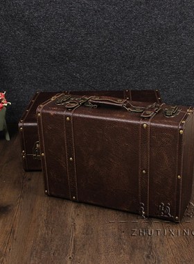 婚纱影楼摄影道j具外景拍照橱窗摆件复古手提箱子老式木箱仿古皮