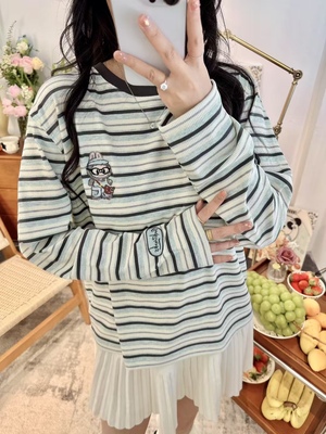 pandawarks熊猫纸袋家春季新品简约小刺绣马卡龙色系条纹长袖T恤