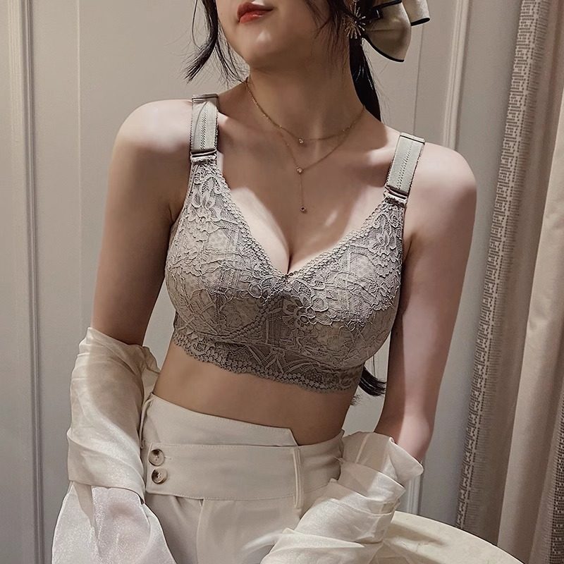 维多利亚性感无钢圈超薄款文胸全罩杯收侧副乳大胸显小蕾丝内衣女