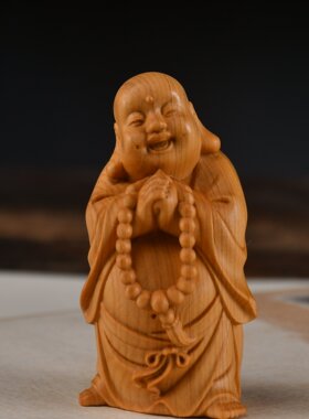 崖柏木雕念珠弥勒佛笑佛像手把件汽车摆件实木恭喜发财工艺品H01