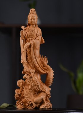 崖柏实木雕刻观世音菩萨佛像念珠观音供奉装饰摆件工艺品黄杨H20