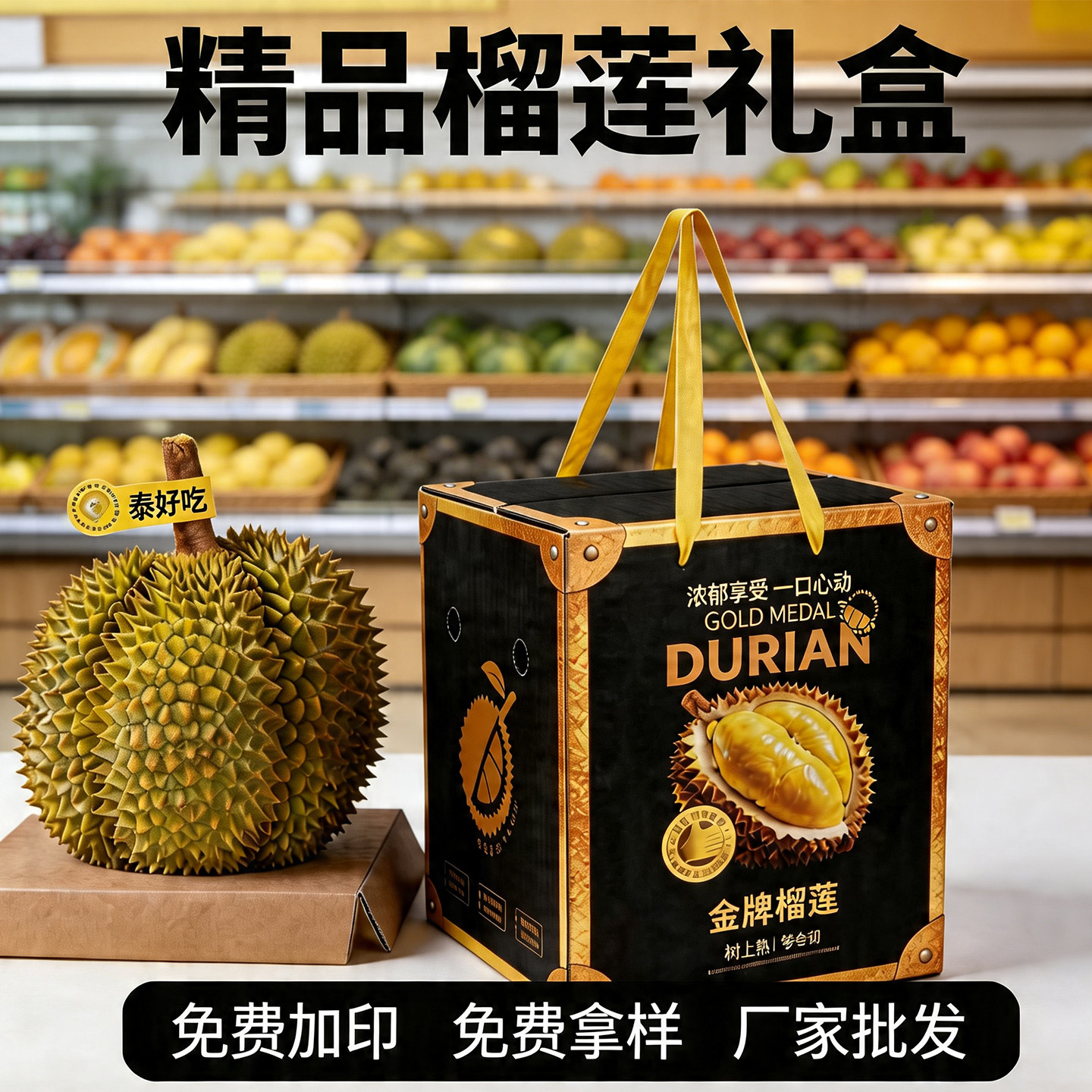 高档榴莲包装盒礼盒猫山王手提纸盒金枕头展示盒水果礼品盒空盒子
