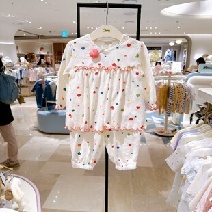 ETTOI小飞马韩国代购童装26春季女宝木耳边爱心可爱舒适套装+发夹