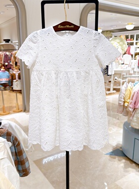 chocolat巧克力韩国童装代购26夏女童纯棉镂空白色短袖可爱连衣裙