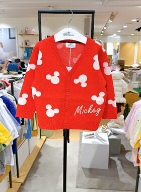 agabang阿卡帮韩国代购26春季迪士尼联名儿童红色V领针织开衫外套