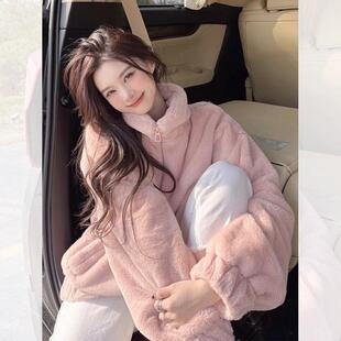 粉色皮草小香风羊羔毛绒毛毛外套女2025秋冬新款爆款加绒加厚上衣