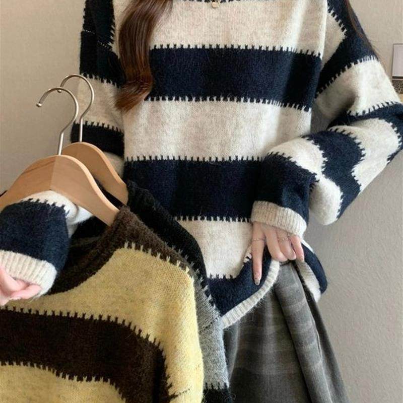秋冬季新款韩风百搭条纹设计感上衣女慵懒风拼接拼色圆领针织毛衣,女装/女士精品,时尚套装,淘宝优惠券,粉丝福利购,淘宝优惠卷
