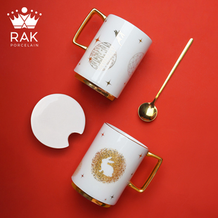 马克饱杯推荐RAK兔冉心动马克杯带杯盖陶瓷挂耳描金咖啡杯礼盒装