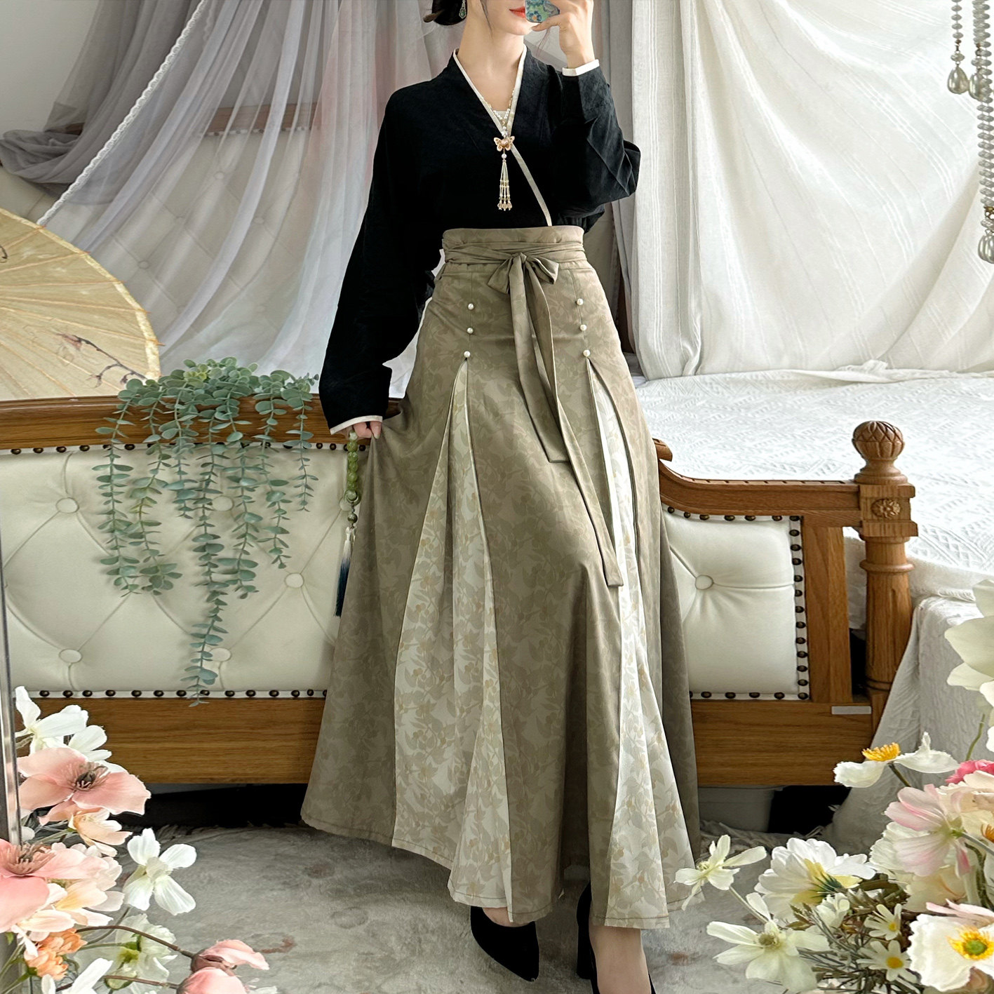 汉裳原创【海棠】汉服女宋制三涧裙提花对襟短衫飞机袖日常春夏款