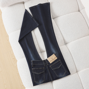 拉夏贝尔复古洗水微喇牛仔裤女春秋辣妹双扣高腰修身弹力喇叭裤子