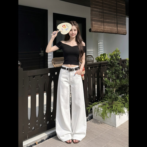 拉夏贝尔复古白色阔腿牛仔裤2026