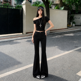 拉夏贝尔黑色垂感微喇牛仔裤女2026新款夏季小个子修身显瘦喇叭裤