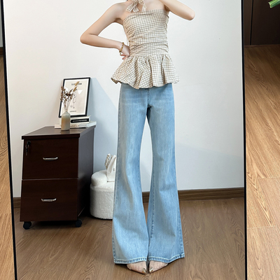 拉夏贝尔浅蓝色薄款高腰牛仔裤