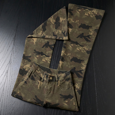 拉夏贝尔美式复古迷彩微喇牛仔裤