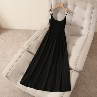 时尚 拉夏贝尔法式 新款 吊带连衣裙女夏季 吊带长裙子 气质黑色无袖