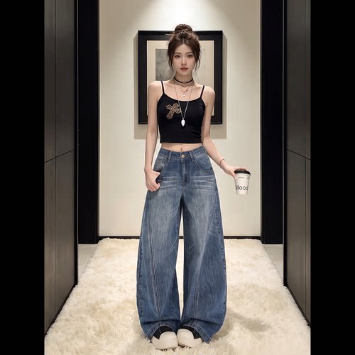 拉夏贝尔复古蓝美式阔腿牛仔裤女