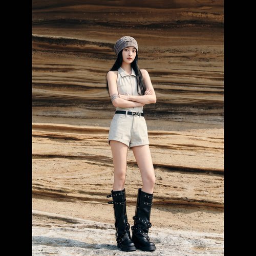 拉夏贝尔高腰连体牛仔短裤女