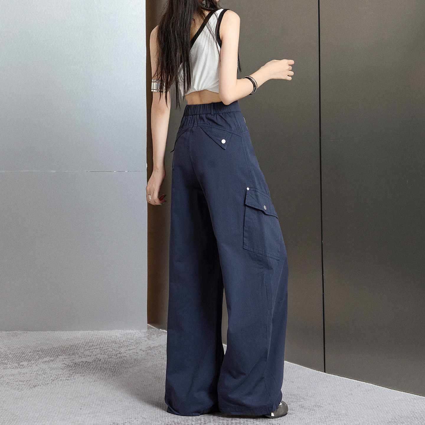 拉夏贝尔高街宝蓝色美式工装休闲裤女早秋宽松小个子阔腿裤子潮