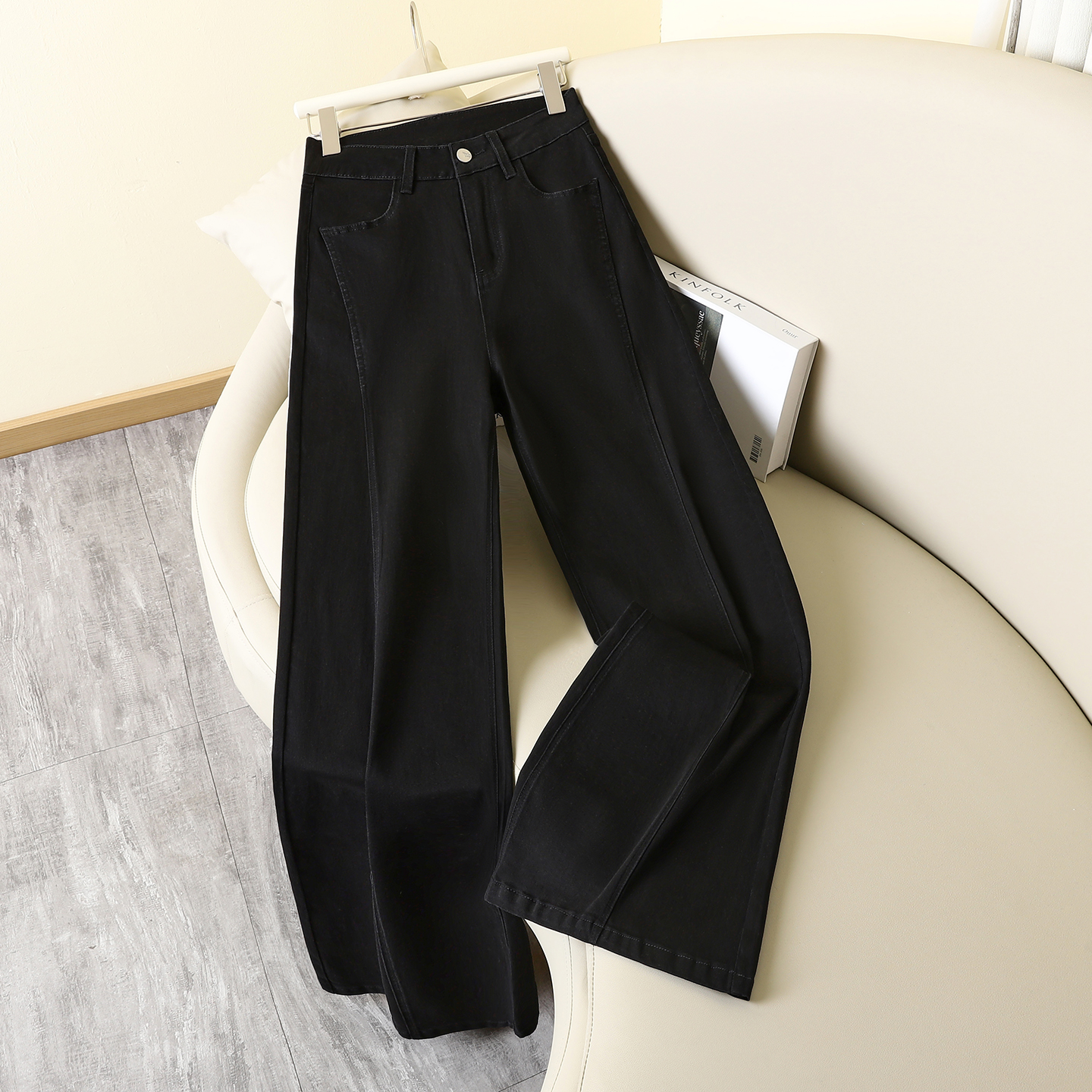 拉夏贝尔美式复古高腰阔腿牛仔裤