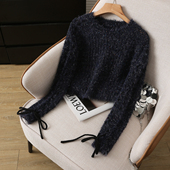 针织衫 毛绒绒短款 上衣 新款 拉夏贝尔蓝色慵懒风软糯毛衣女2025秋季