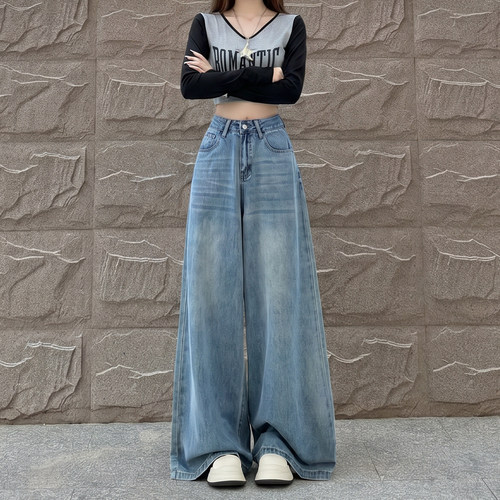 拉夏贝尔怀旧蓝小众阔腿牛仔裤女