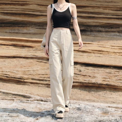 拉夏贝尔米杏色窄版阔腿牛仔裤女