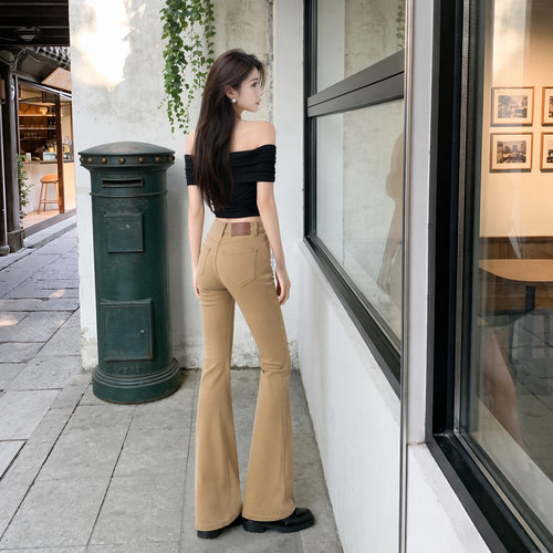 拉夏贝尔复古高腰微喇牛仔裤女