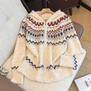 拉夏贝尔慵懒松弛感费尔岛提花连帽毛衣外套拉链长袖 女 洋气针织衫
