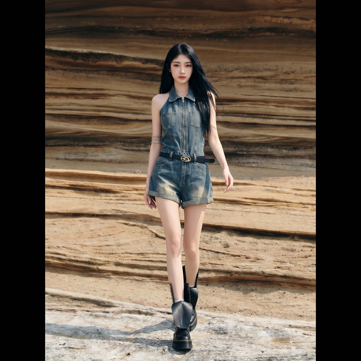 拉夏贝尔高腰牛仔连体短裤女2026夏季新款无袖拉链收腰显瘦连体裤