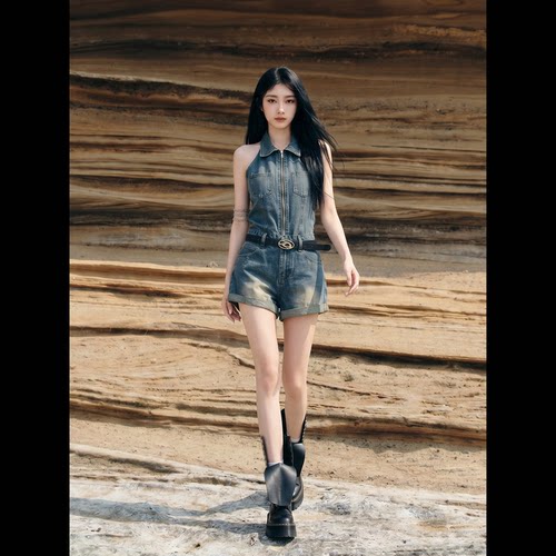 拉夏贝尔高腰牛仔连体短裤显瘦