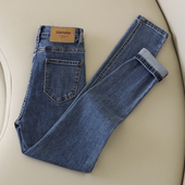 显瘦弹力九分铅笔裤 拉夏贝尔高腰加绒小脚牛仔裤 女2025秋冬修身 子