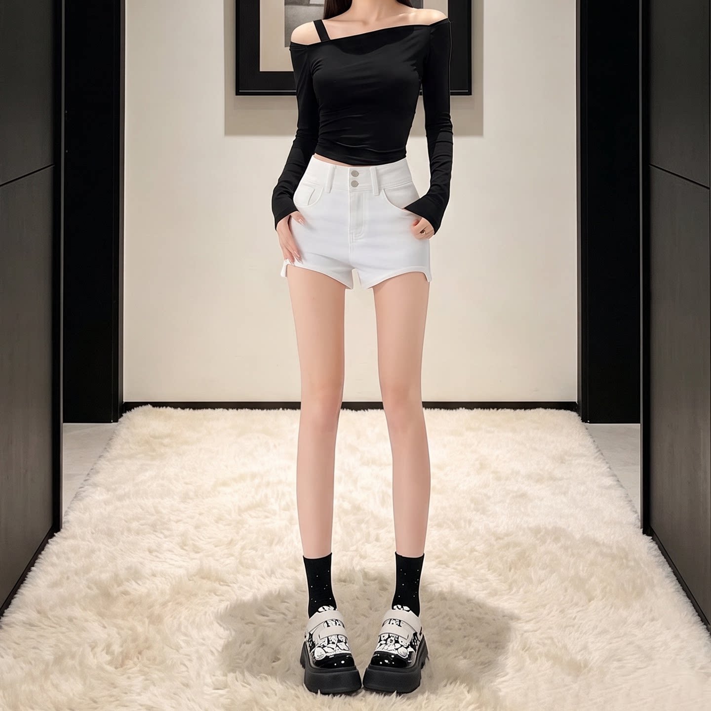拉夏贝尔美式辣妹白色牛仔超短裤图片