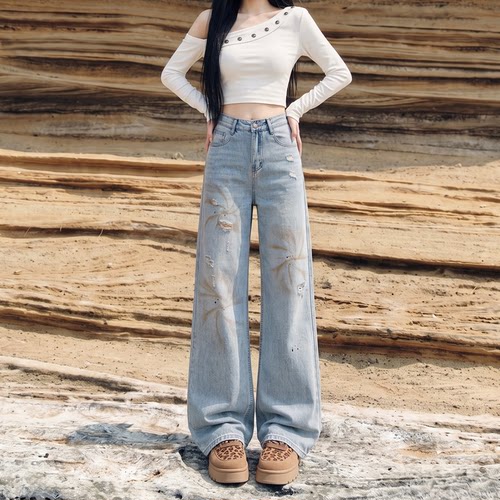拉夏贝尔美式复古破洞弯刀牛仔裤