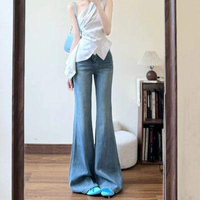 拉夏贝尔高腰显瘦辣妹微喇叭牛仔裤女2025夏季新款百搭修身马蹄裤