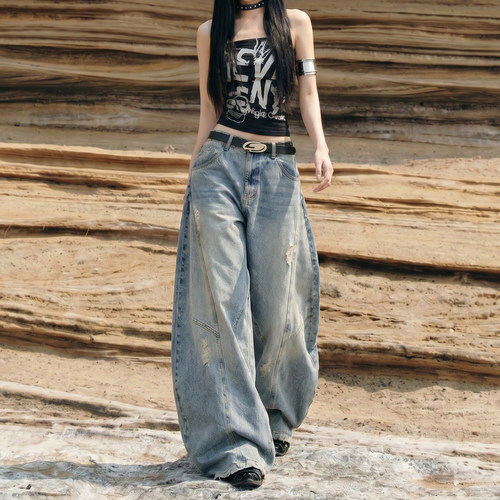 拉夏贝尔浅蓝色阔腿牛仔裤女新款