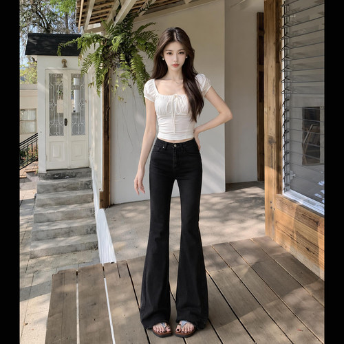 拉夏贝尔黑色牛仔喇叭裤女夏季
