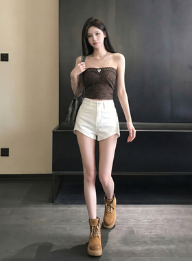 拉夏贝尔辣妹白色高腰牛仔短裤女夏新款显瘦百搭A字外穿包臀热裤