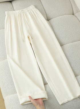 拉夏贝尔白色羊绒糯米弯刀阔腿裤女秋冬裤子休闲垂感运动香蕉卫裤