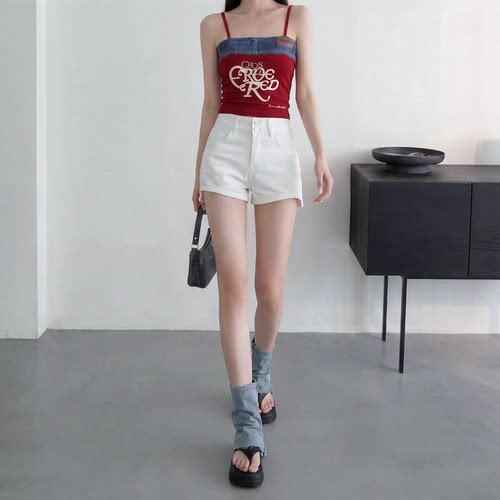 拉夏贝尔白色复古牛仔短裤女