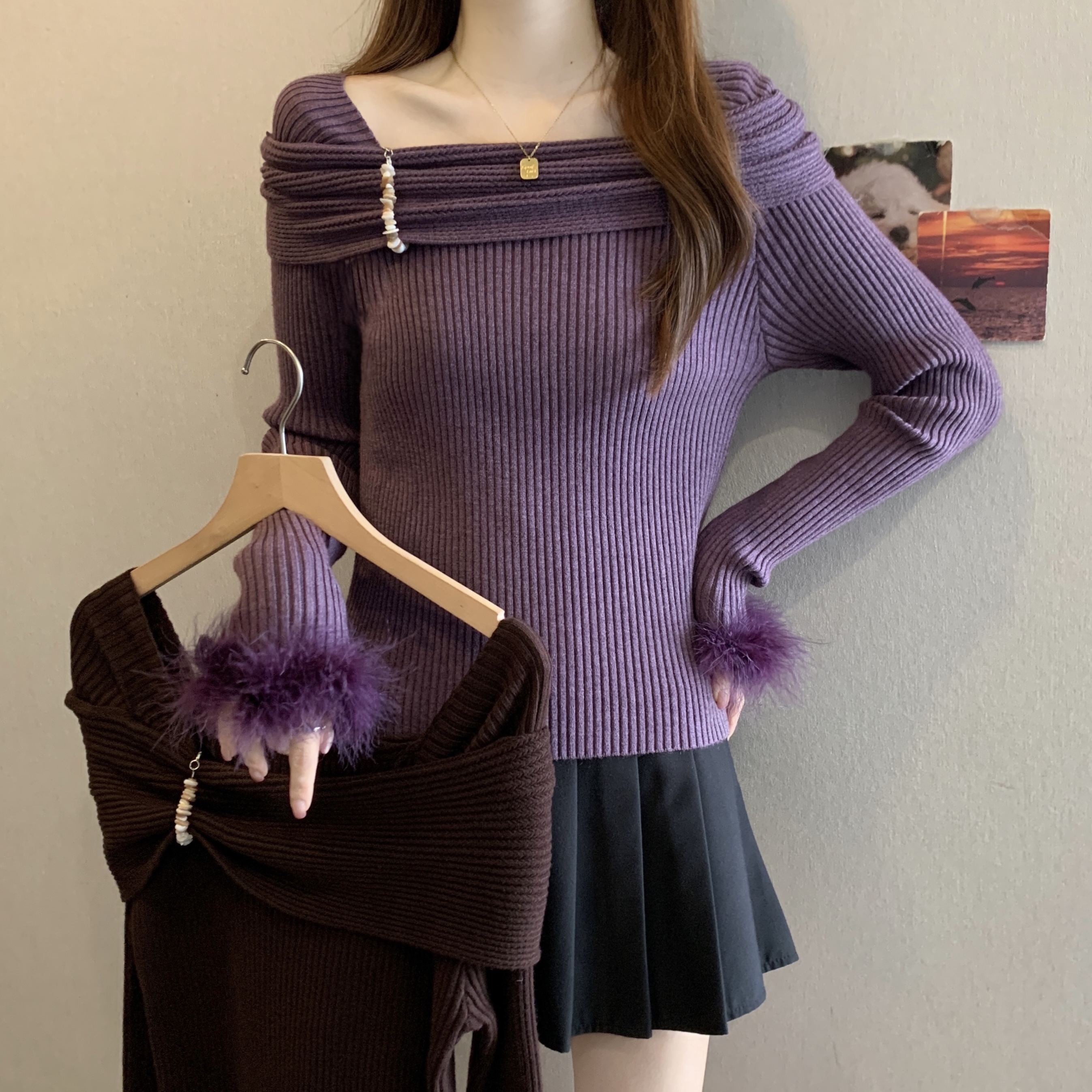 大码方领长袖针织衫女2025秋冬韩版胖MM遮肉显瘦气质百搭减龄上衣