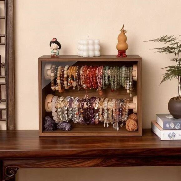 手镯收纳盒手链桌面收纳盒水晶首饰盒防尘双层木质文玩复古展示柜