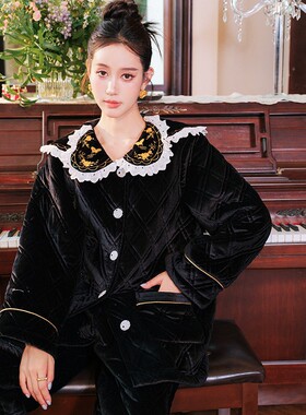 秋冬季原创丝绒刺绣三层加厚夹棉睡衣女两件套宽松加绒家居服套装