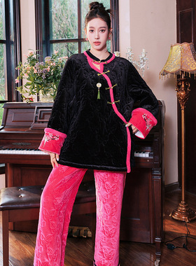 新款原创时尚三层夹棉加厚冬季睡衣女款两件套加棉加绒家居服套装