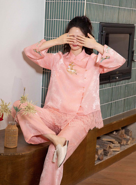 原创新款睡衣女带胸垫可拆卸春夏中国风新中式设计刺绣提花两件套